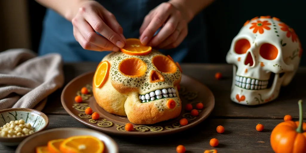 a person is decorating a skull shaped bread with orange slices and sugar skulls on a table with a sk
