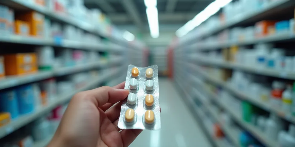 a person is holding a pack of pills in a pharmacy store aisle with shelves of medicine and medicine