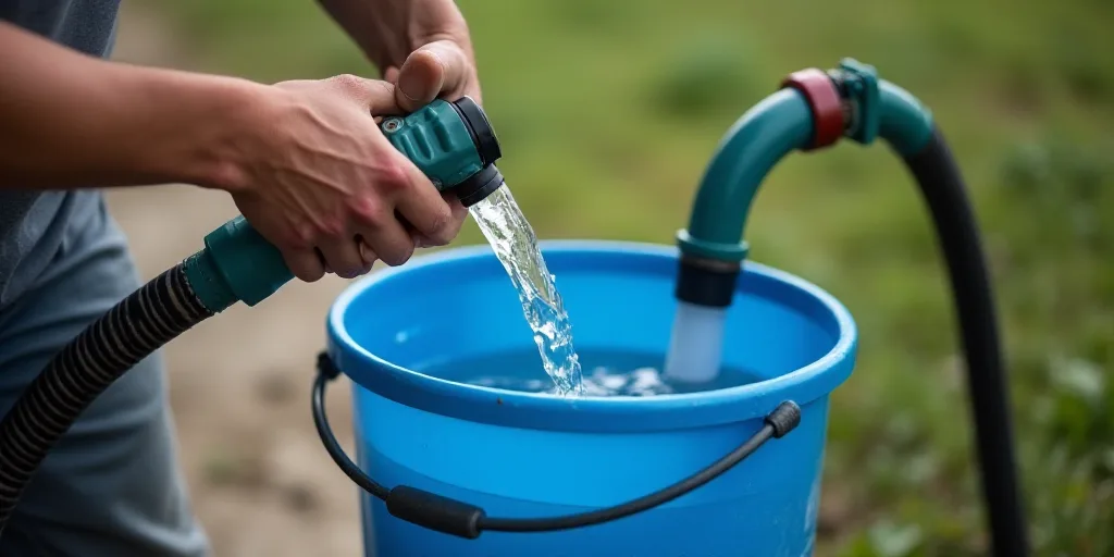 a person is pouring water into a blue bucket with a hose attached to it and a hose attached to the b