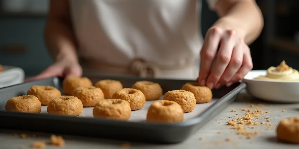 a person is putting a cookie on a tray of cookies on a table with other cookies on it and a woman in