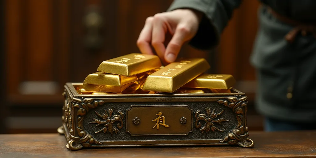 a person is putting gold bars into a box on the floor of a building, with a hand reaching for them,