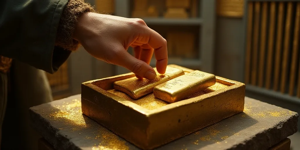 a person is putting gold bars into a box on the floor of a building, with a hand reaching for them,