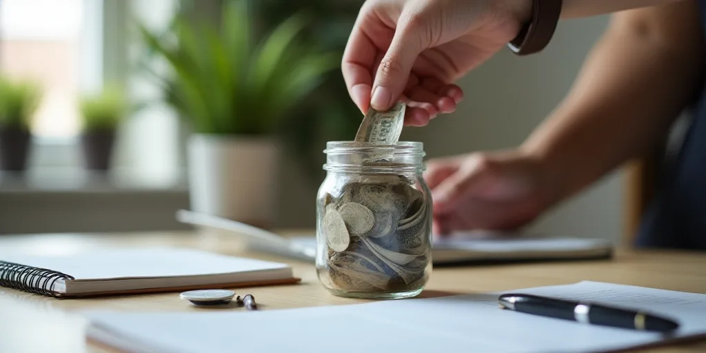 a person is putting money in a jar with a pen and paper on the table next to it is a notebook and a