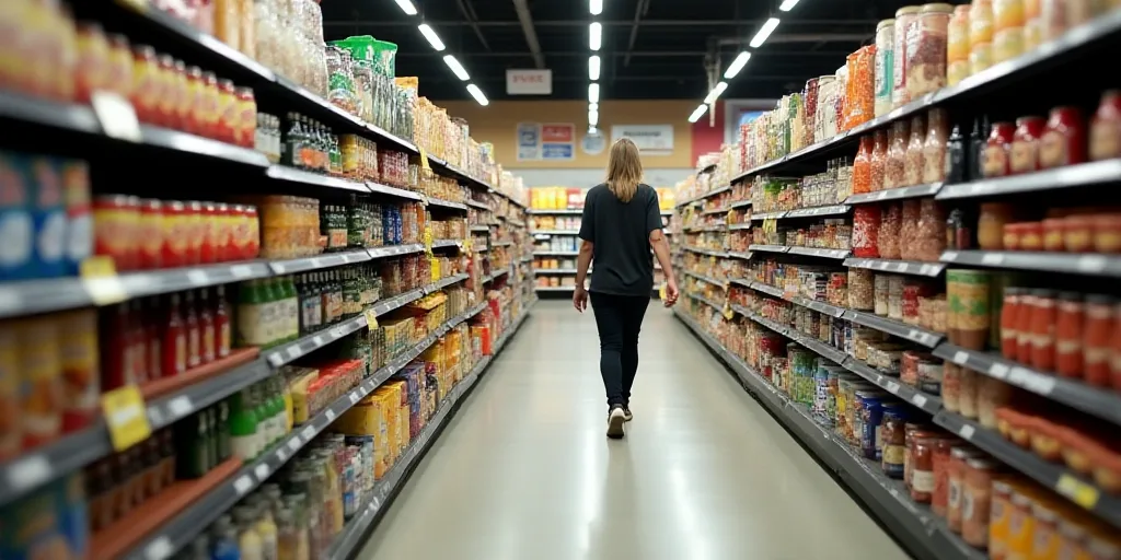 a person is walking down a aisle in a grocery store with many shelves full of food items and drinks,