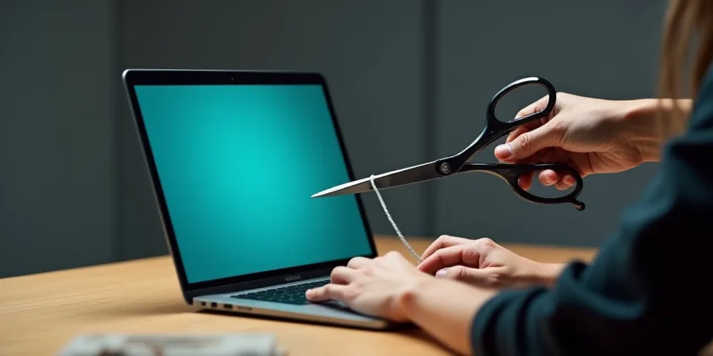 a person pulling a laptop with a pair of scissors to pull it off of the screen with a string, Andrie