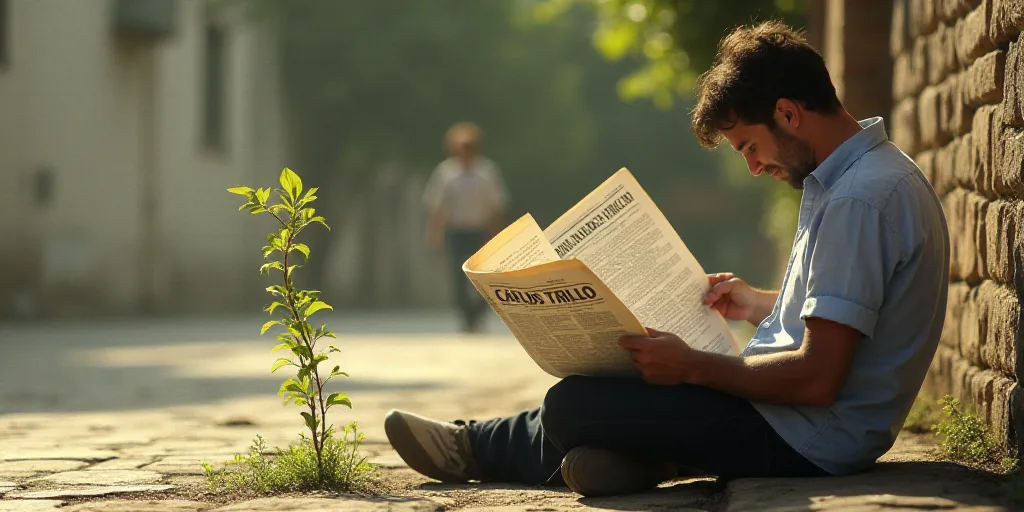 a person sitting on the ground reading a newspaper with a plant in the middle of the image and the w