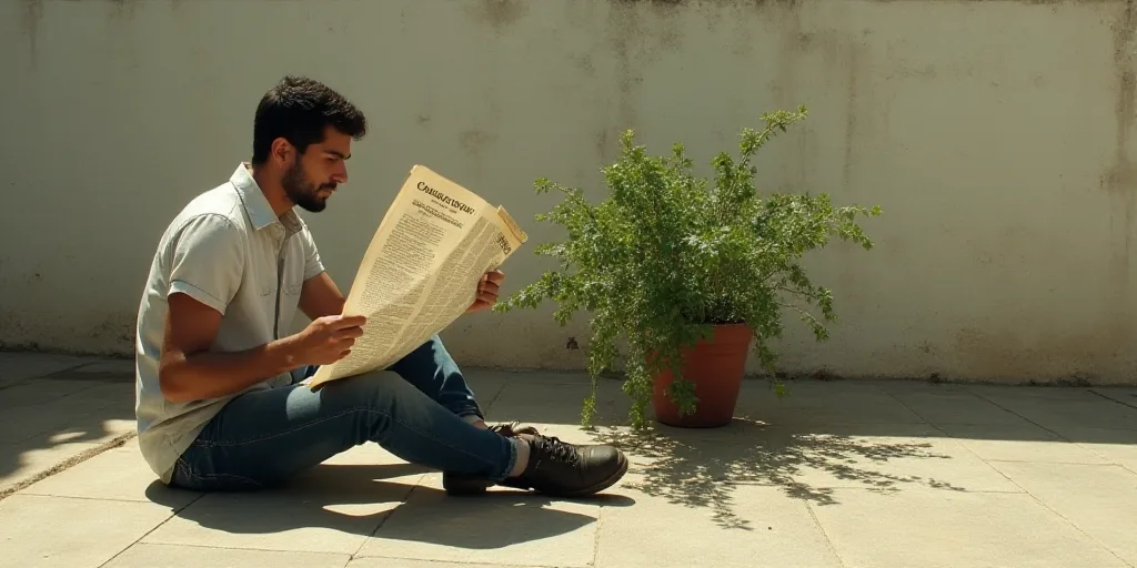 a person sitting on the ground reading a newspaper with a plant in the middle of the image and the w