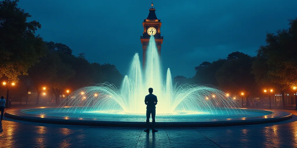 a person standing in front of a fountain with a clock tower in the background at night time with lig