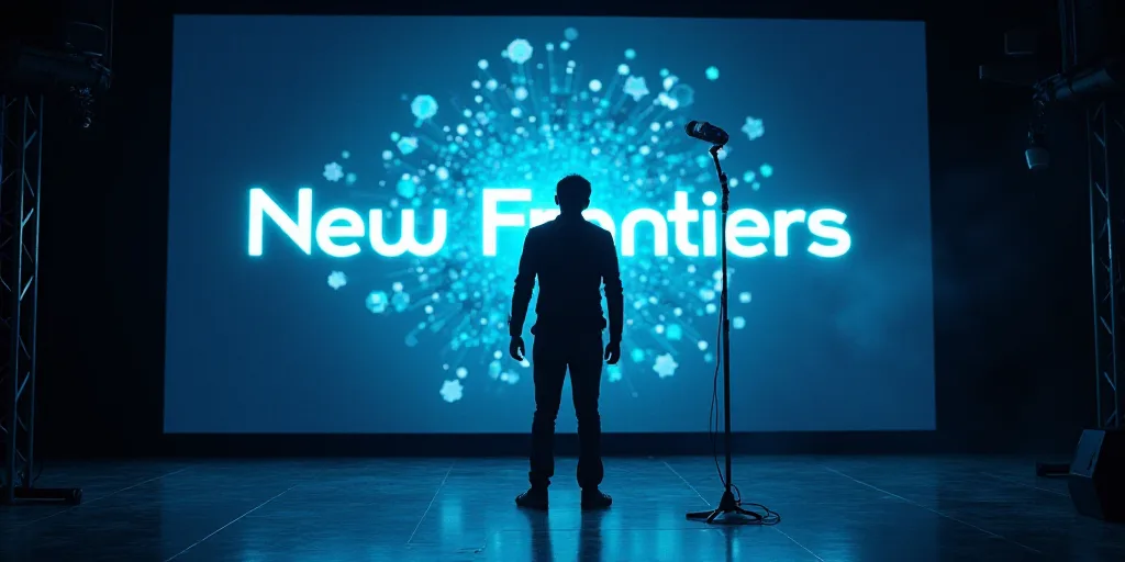 a person standing on a stage with a microphone in front of a screen with a new frontiers logo, Agust