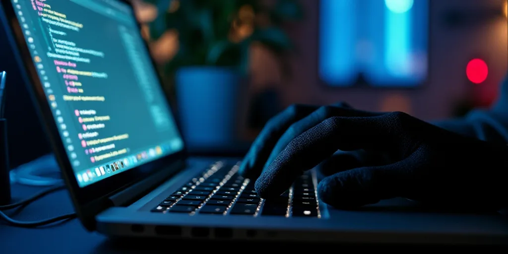 a person typing on a laptop keyboard with a glove on it's hand and a computer screen in the backgrou