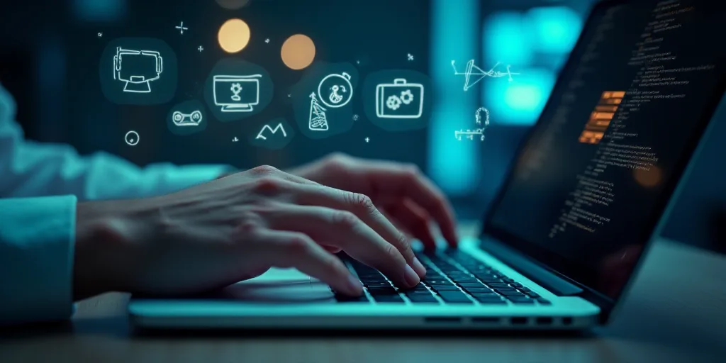 a person typing on a laptop with a keyboard and icons above it that spell out what is important to t