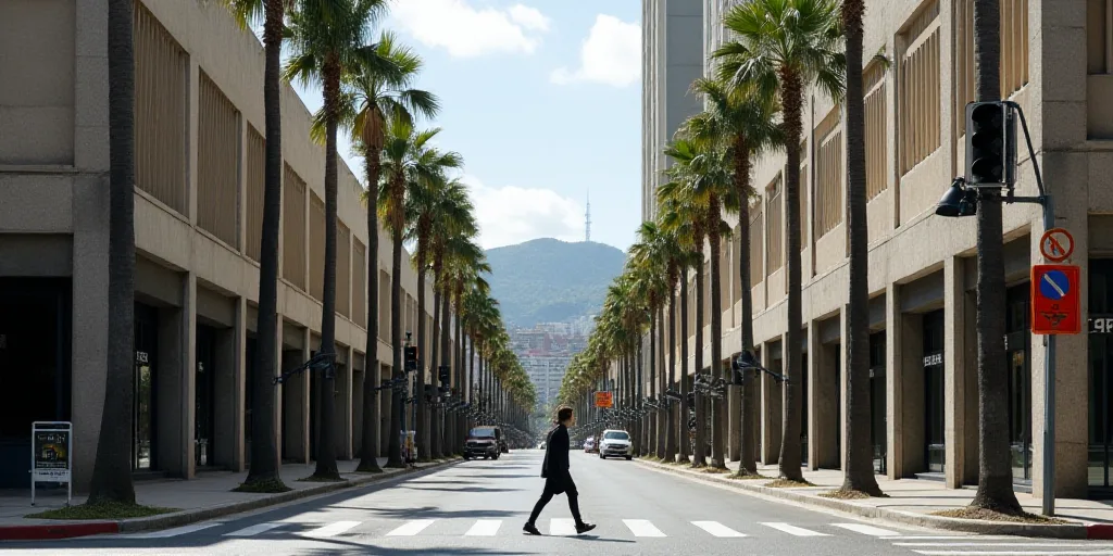 a person walking across a street in front of tall buildings and palm trees in a city with a traffic
