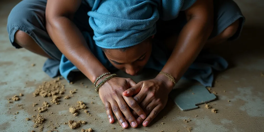 a person with dirty hands and a blue cloth on their head and arm, with dirt on the floor, Chinwe Chu