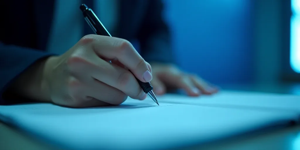 a person writing on a piece of paper with a pen in it and a blue background with a line of light, Ed