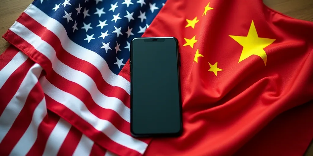 a pile of american and chinese flags on a table top with a cell phone in the middle of the photo, Cu