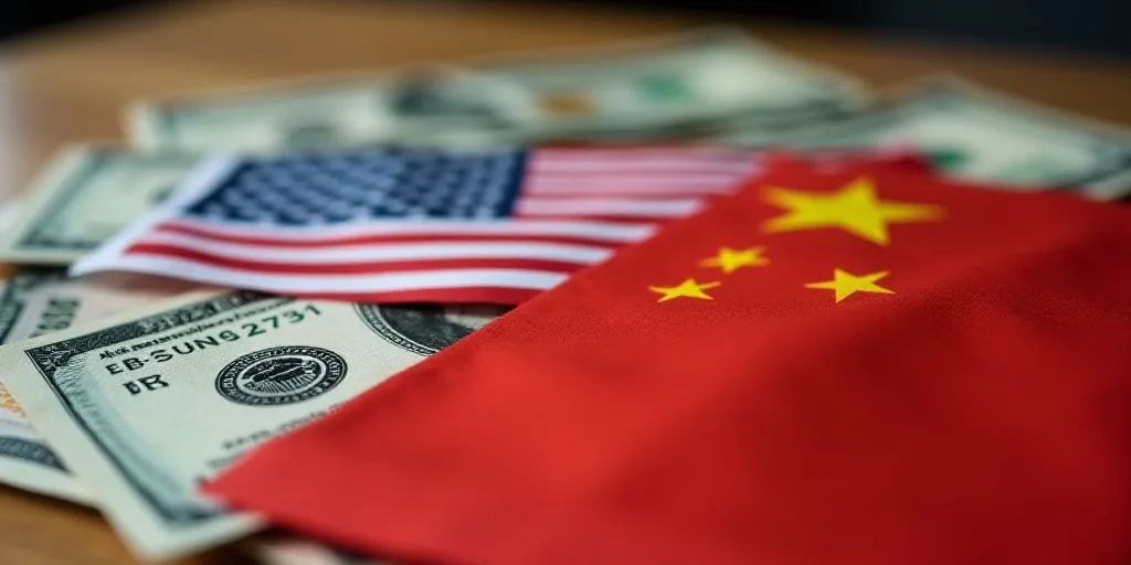 a pile of chinese and american flags and money on a table with a us dollar bill in the background, C