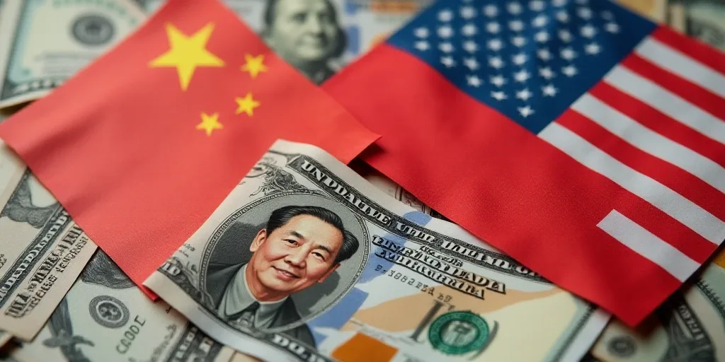 a pile of chinese and american flags and money bills with a portrait of president mao on them, with