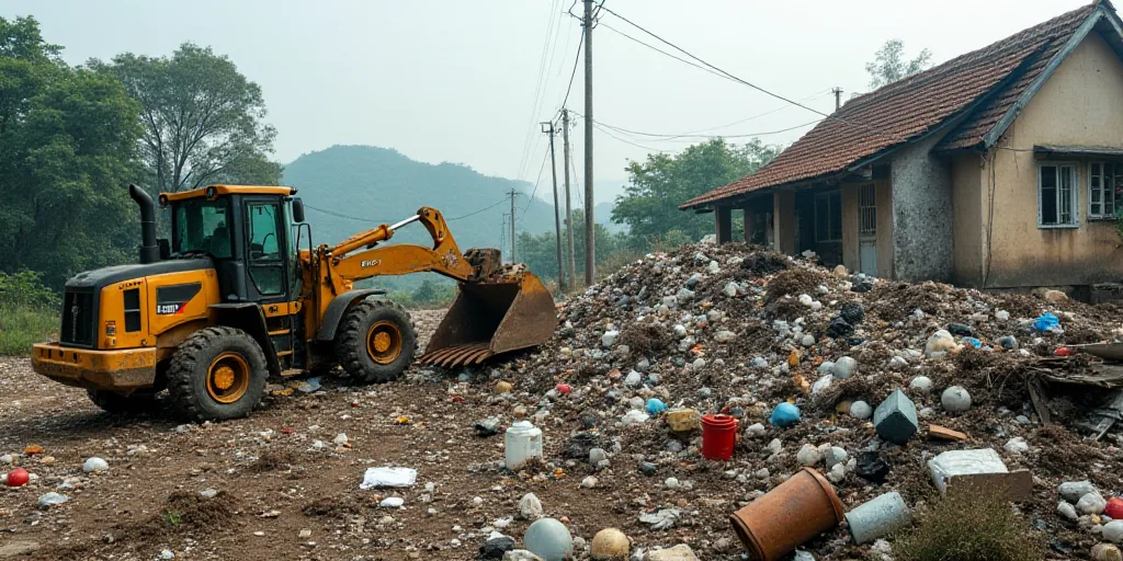 a pile of debris with a bulldozer and a pile of trash in the background and a house in the backgroun