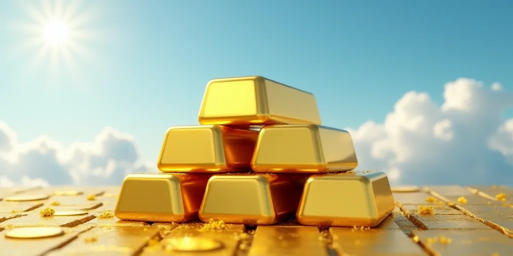 a pile of gold bars sitting on top of each other in front of a blue sky with clouds in the backgroun