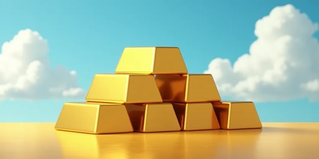 a pile of gold bars sitting on top of each other in front of a blue sky with clouds in the backgroun