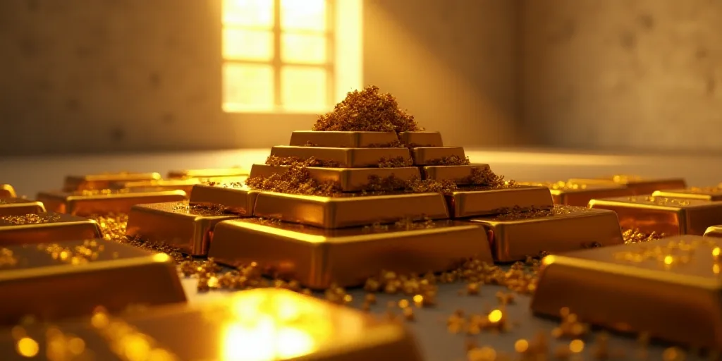 a pile of gold bars stacked on top of each other in a room with a window and a light, Christopher Wi