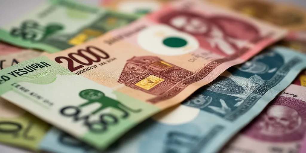 a pile of mexican currency is shown in this image, with a lot of money in the background,, Aquirax U