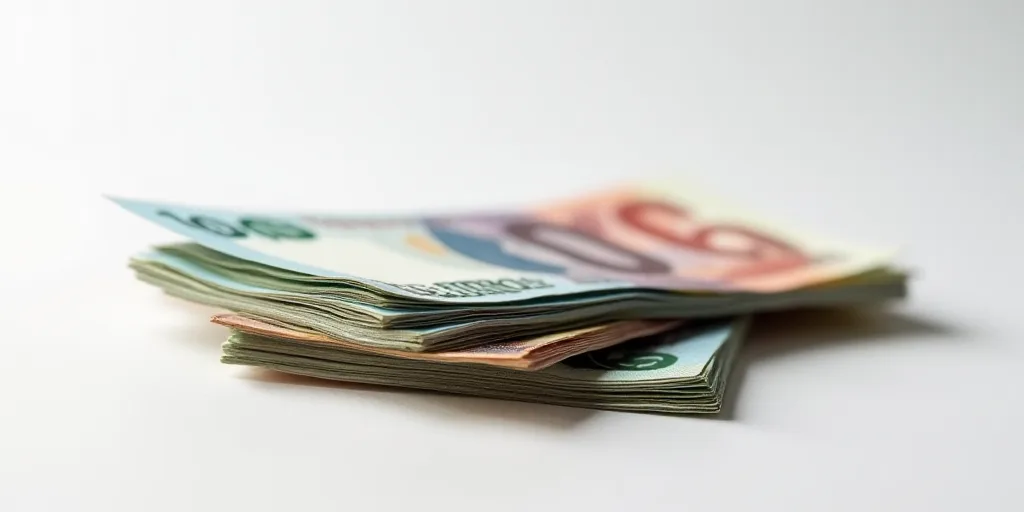 a pile of mexican currency sitting on top of each other on a table top with a white background and a