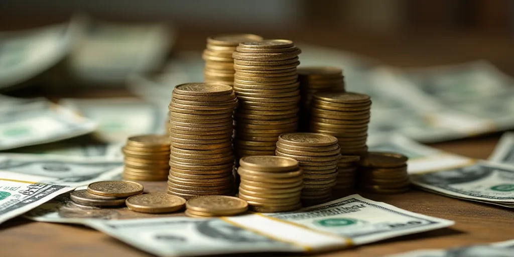 a pile of money sitting on top of a pile of coins on top of a table next to a pile of money, David A