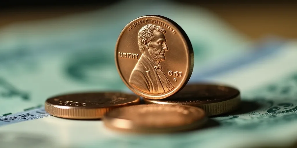 a pile of money with a penny on top of it and a coin on the bottom of the pile, Avgust Černigoj, ma