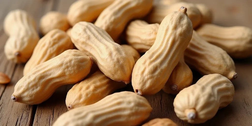 a pile of peanuts with their shell open and some peanuts in the middle of them, with the shell still
