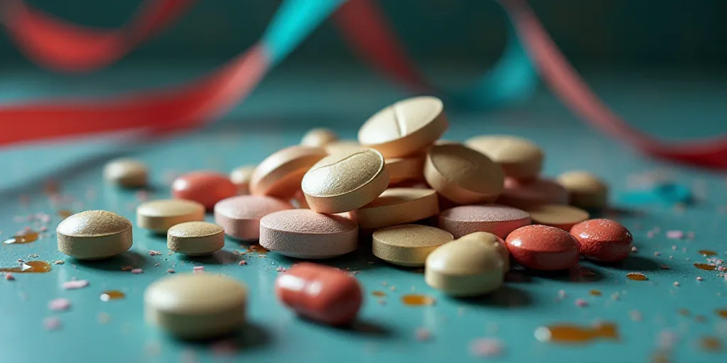 a pile of pills and tablets sitting on top of each other on a table top with a blue and red ribbon,