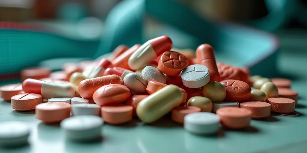 a pile of pills and tablets sitting on top of each other on a table top with a blue and red ribbon,