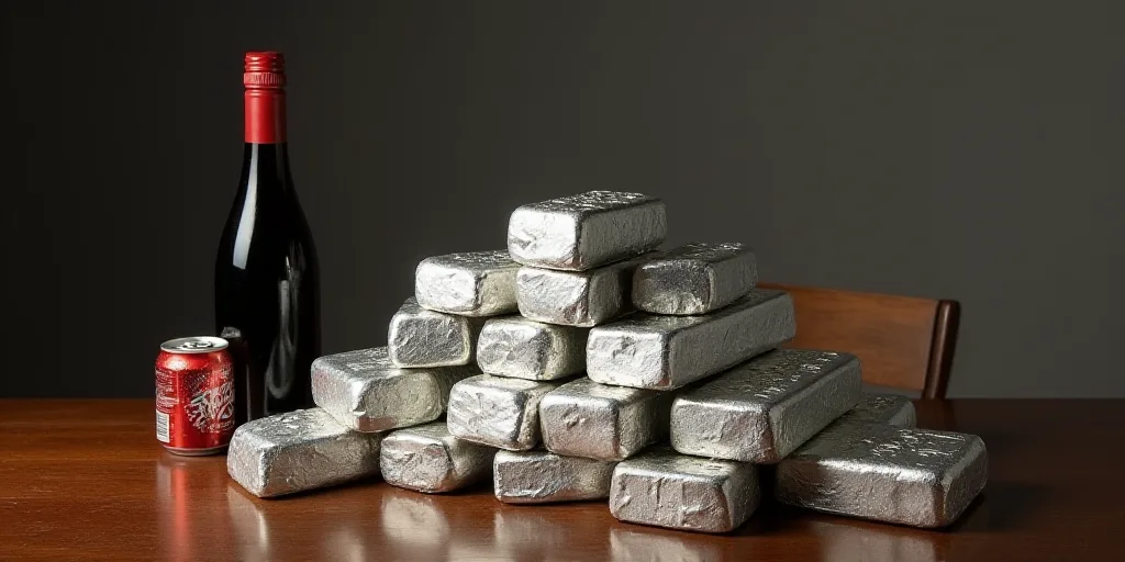 a pile of silver bars sitting on top of a wooden table next to a bottle of wine and a can of soda, E