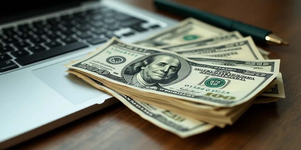 a pile of twenty dollar bills with a lot of money underneath it on a table top with a pen and a lapt