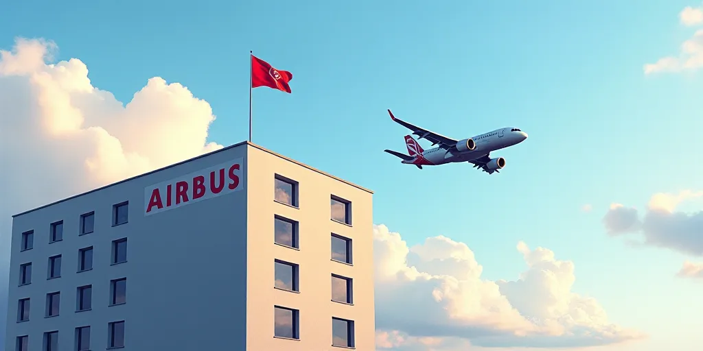 a plane flying over a building with a sign on it's side that says airbus and a flag flying in the ai