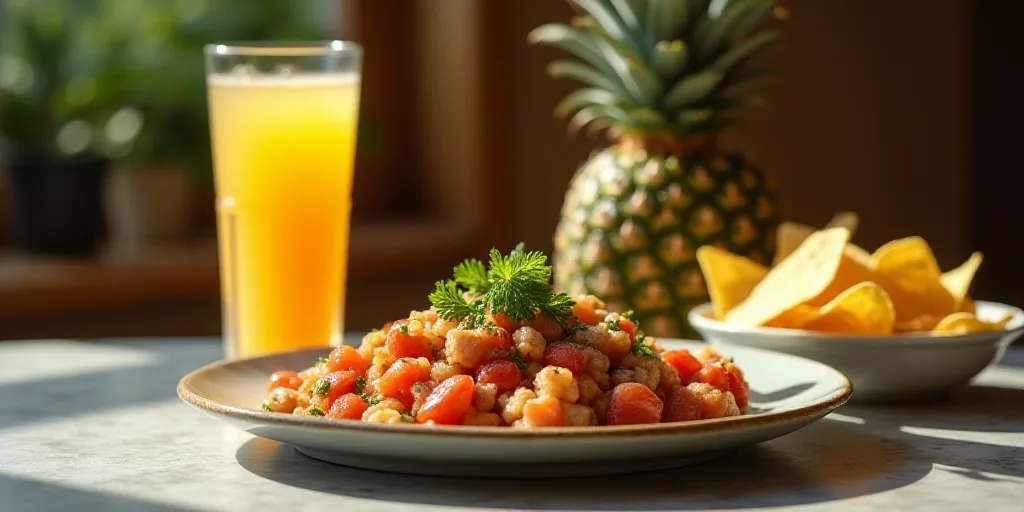 a plate of food with a drink and some chips on a table with a pineapple in the background, Altichier