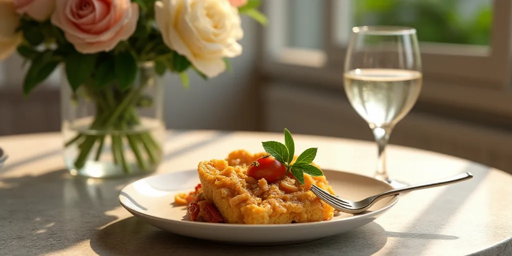 a plate of food with a fork and a glass of water on a table with a vase of flowers, Aquirax Uno, unr