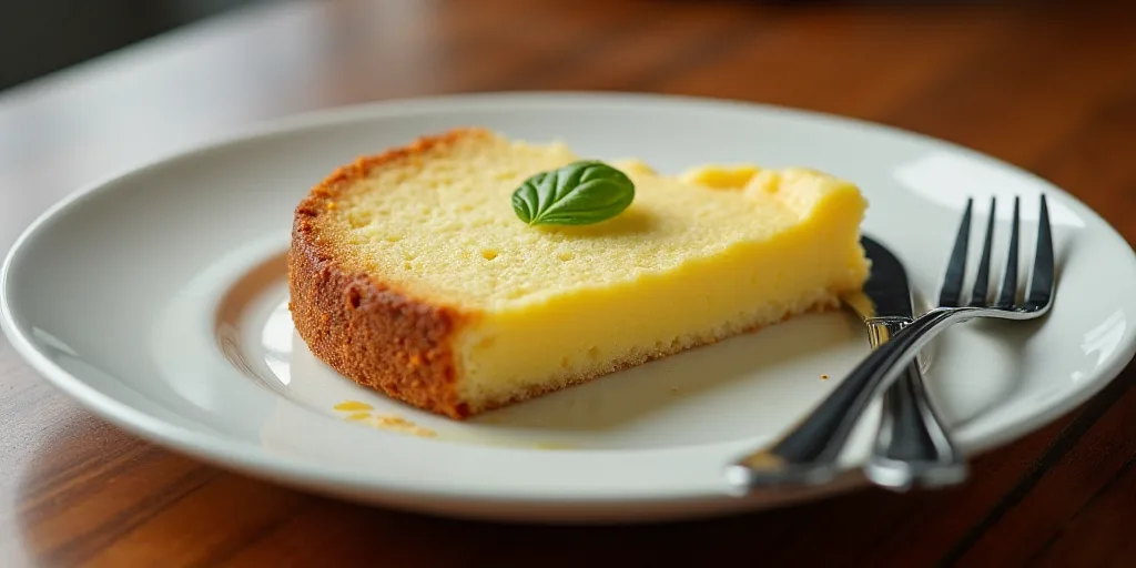 a plate with a piece of cake on it on a wooden table with a knife and fork next to it, Carpoforo Ten