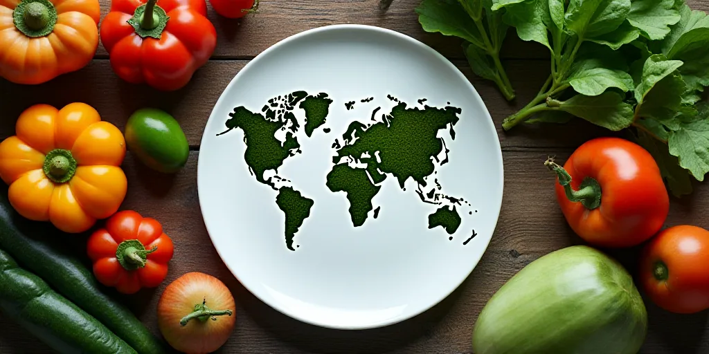 a plate with a world map on it surrounded by vegetables and fruits and vegetables on a table top wit