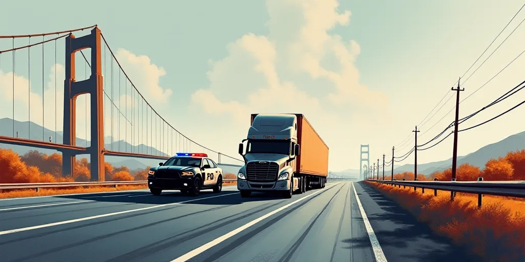 a police car and a truck on a highway with a bridge in the background and a truck on the road, Eduar
