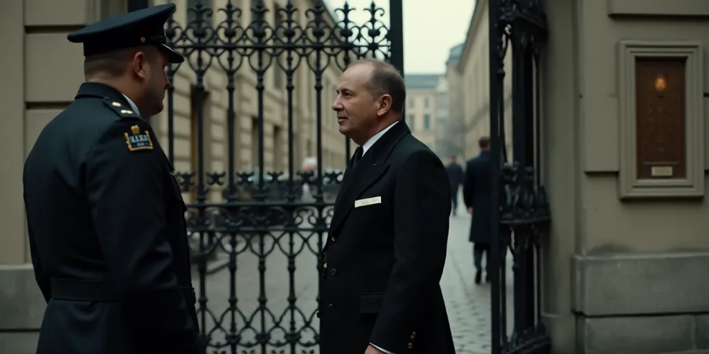 a police officer is talking to a man in a black jacket outside a building with a gate and a gate, Al