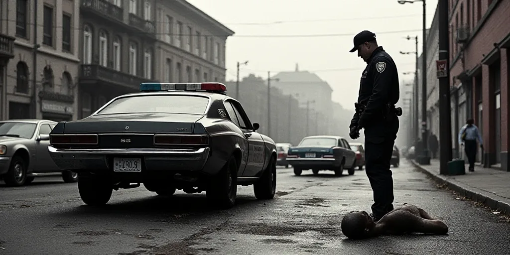 a police officer standing next to a car and a body on the ground with a police officer standing next