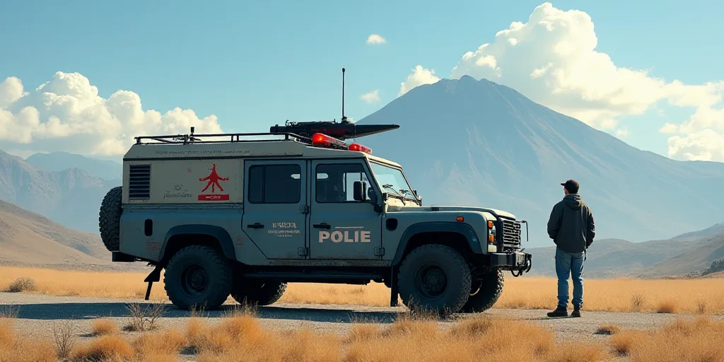 a police truck with a camera on top of it and a man standing next to it in front of a mountain, Aqui