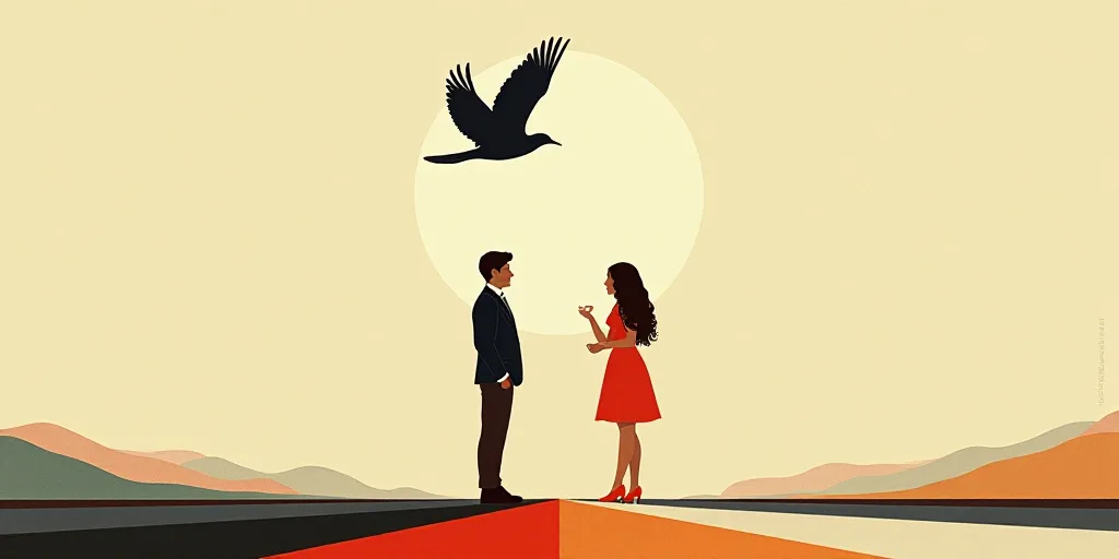 a poster for a coffee break with two people standing next to each other and a bird flying above them