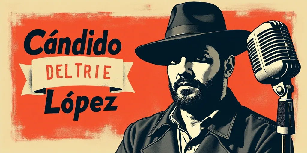 a poster for an event with a man in a hat and a microphone on it's side, with a banner in the middle