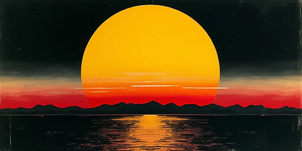 a poster with a yellow sun and a black background with a red and white line in the center of the pos