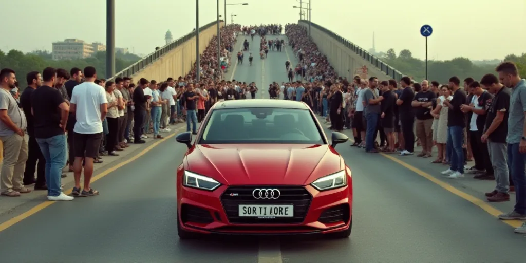 a red car is parked in front of a crowd of people on a bridge overpass with a sign that says costa c