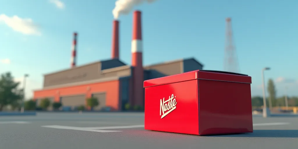 a red nestle box sitting in front of a factory building with a smoke stack in the background and a b