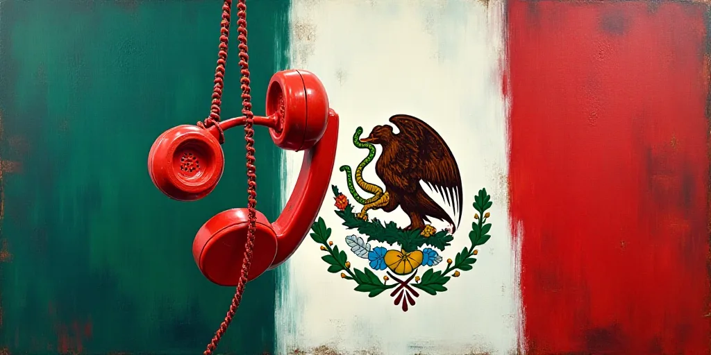 a red phone is suspended by a crane with a flag of mexico in the background of a colorful flag, Aqui