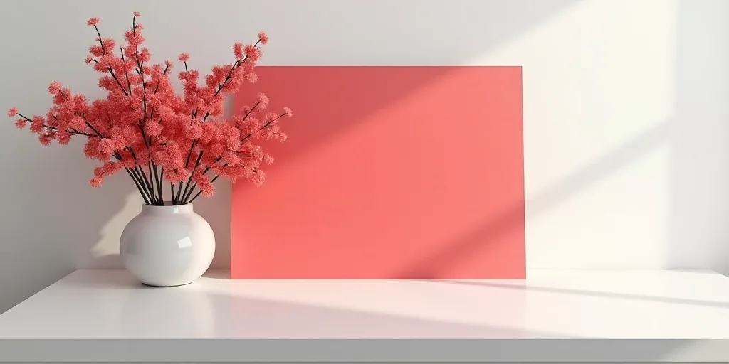 a red sign sitting on top of a white table next to a vase of flowers and a vase of red flowers, Didi